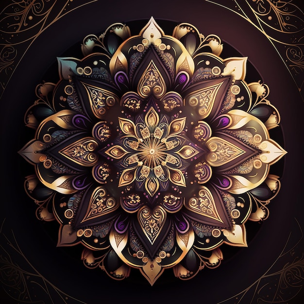 A gold and purple mandala with a gold design on it.