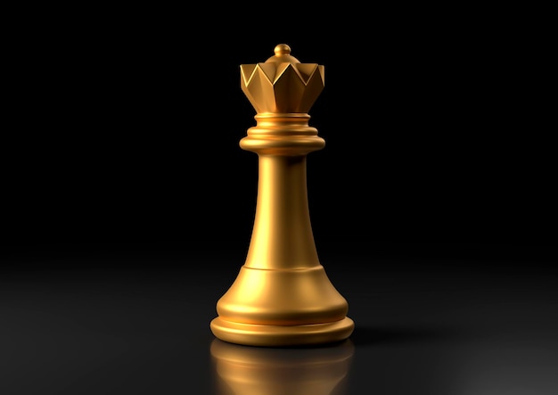 Gold queen chess standing against black background Chess pieces 3D render illustration