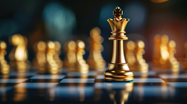 Gold queen on the chessboard embodies leadership and strategy