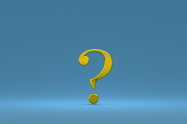 Gold question mark sign minimal on blue background, 3d render, minimal and copy space