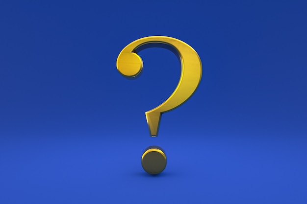 Gold question mark sign minimal on blue background, 3d render, minimal and copy space