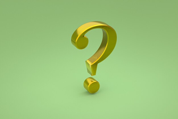 Segno di punto interrogativo oro minimo su sfondo verde, rendering 3d, spazio minimo e copia