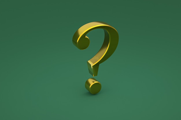 Gold question mark sign minimal on green background, 3d render, minimal and copy space