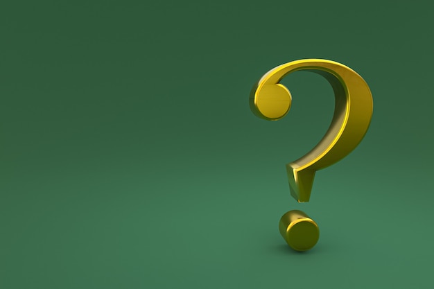 Gold question mark sign minimal on green background, 3d render, minimal and copy space