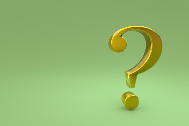 Gold question mark sign minimal on green background, 3d render, minimal and copy space