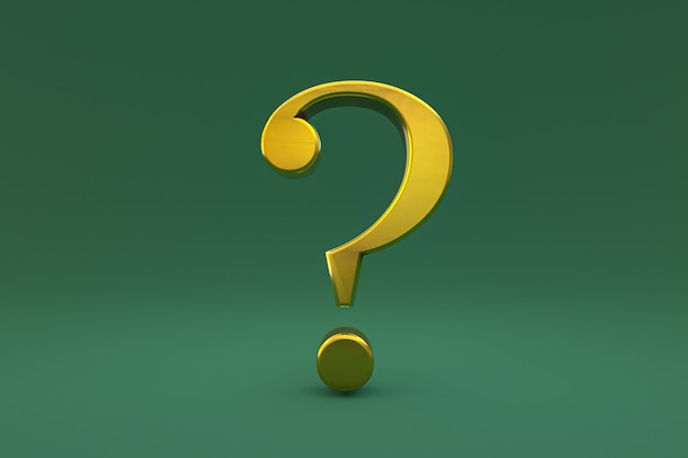 Segno di punto interrogativo in oro minimo su sfondo verde, rendering 3d, spazio minimo e copia