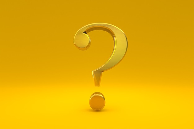 Gold question mark sign minimal on yellow background, 3d render, minimal and copy space