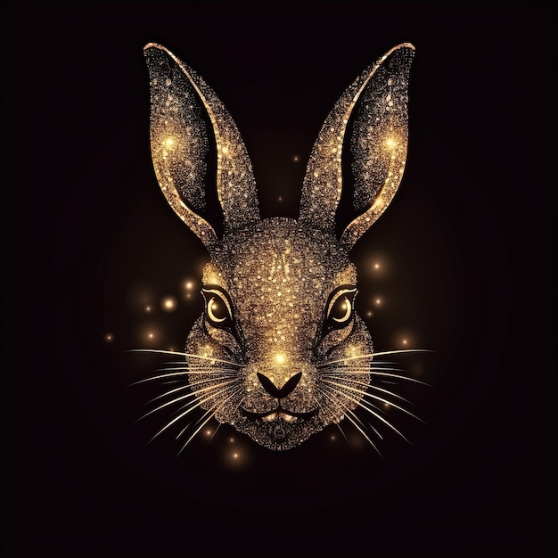Мордочка золотого кролика с черным фоном и надписью «кролик» внизу.