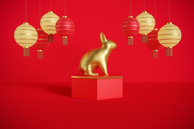 Gold Rabbit on podium with Chinese lanterns hanging 3d illustration