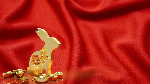 The gold rabbit and vintage Chinese money on red background 3d rendering