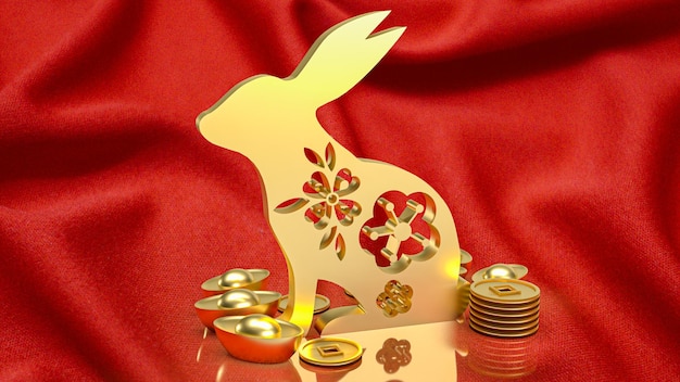 Photo the gold rabbit and vintage chinese money on red background 3d rendering