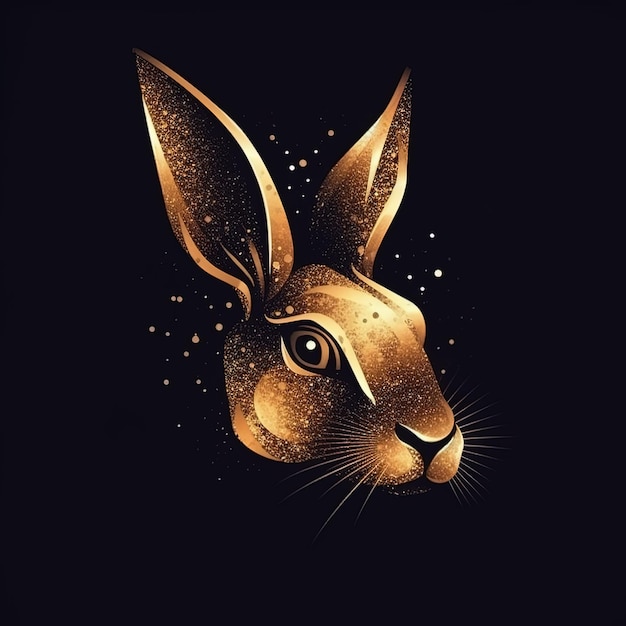 A gold rabbit with a black background and the word rabbit on it.