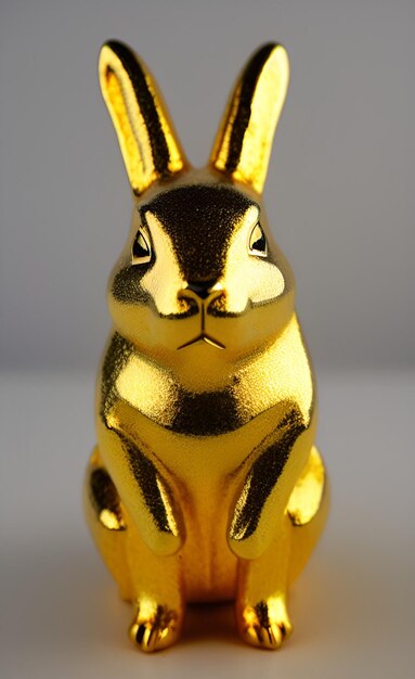 A gold rabbit with a face and a nose is sitting on a table.