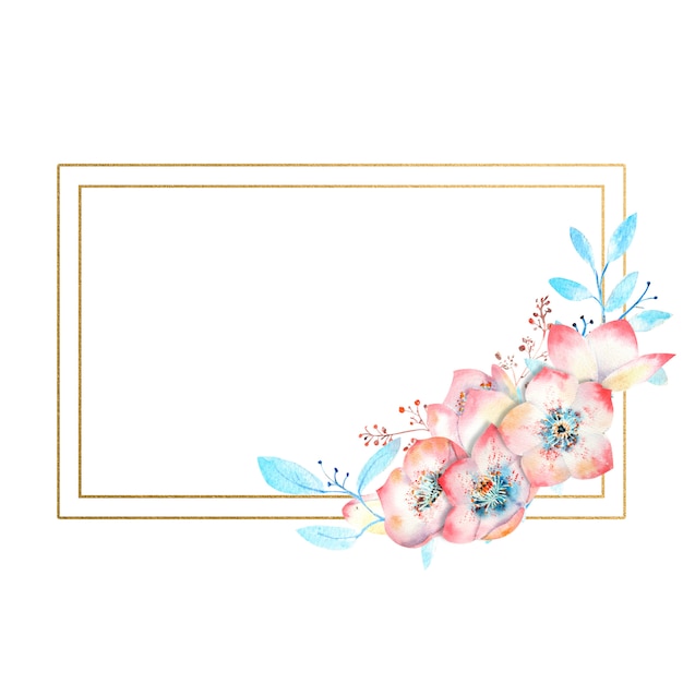 黃金長方形框架,水彩粉紅色<unk>花