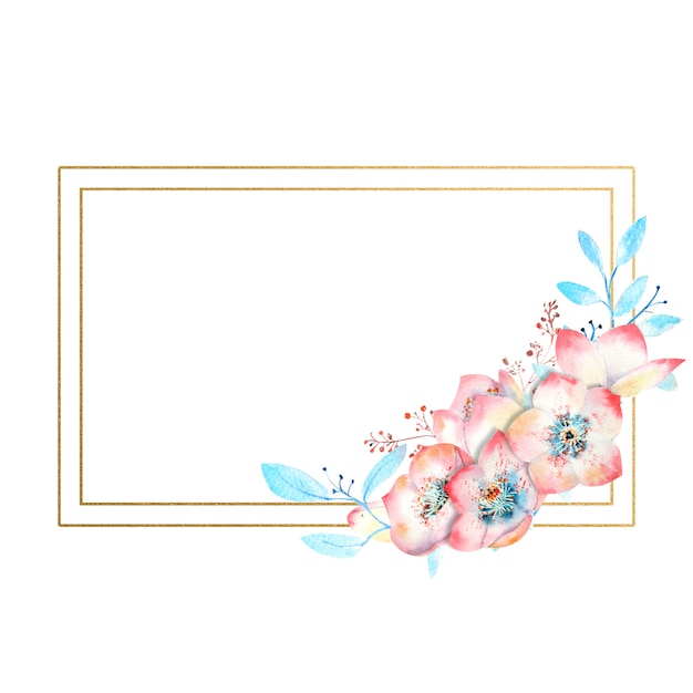 Gold rectangular frame with watercolor pink hellebore flowers