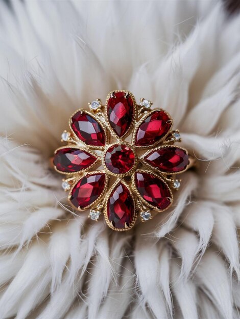 a gold and red brooch with a red diamond on it