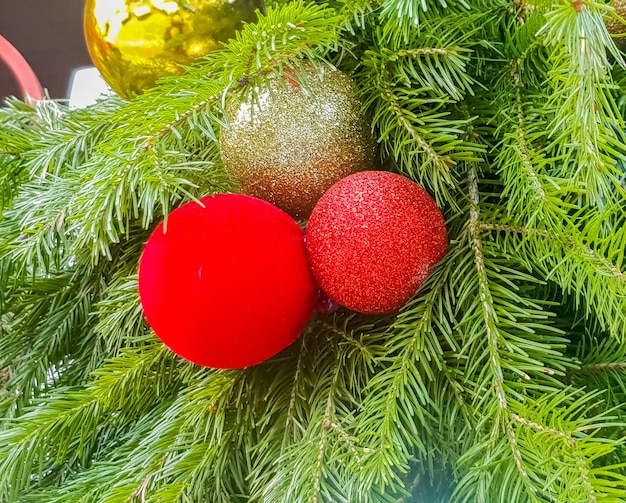 Gold and red Christmas balls on the Christmas tree close-up. Decorating a New Year's house.