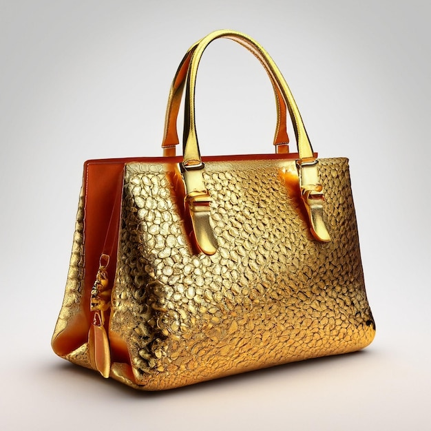 a gold and red handbag with a gold design.