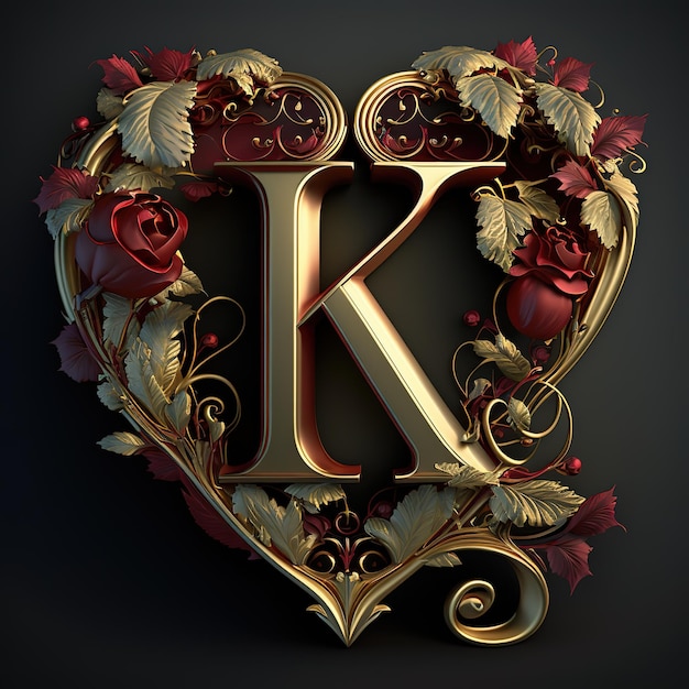 A gold and red letter k is shown in a heart shape.