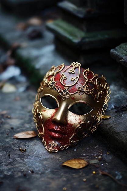 A gold and red mask on a stone surface