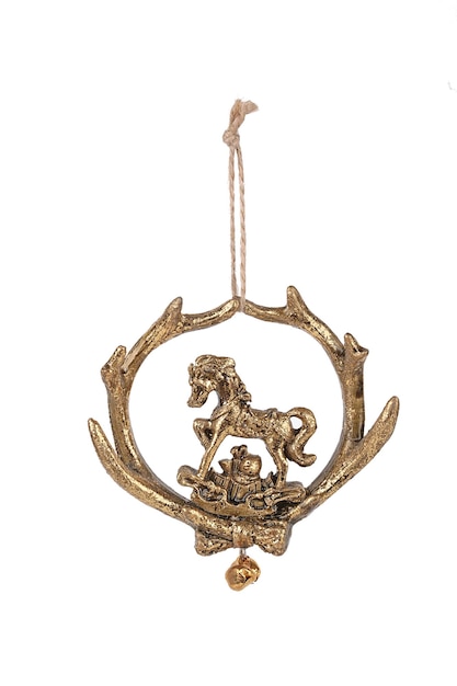 A gold reindeer ornament with a horse on it.