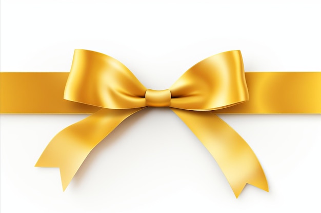 Gold ribbon bow with straight ribbon for holiday or celebration banner isolated on white background