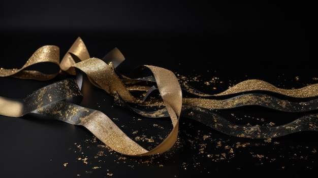 Gold ribbon with gold ribbon on a black background