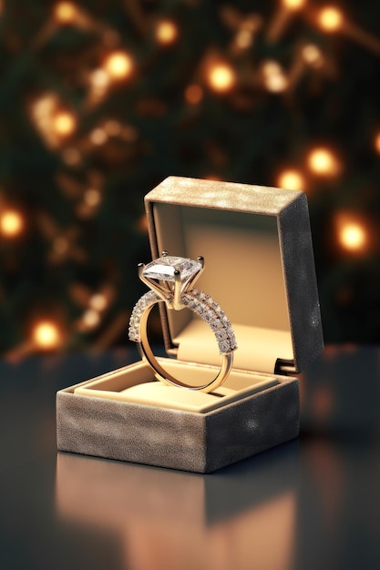 A gold ring in a box with a diamond on it