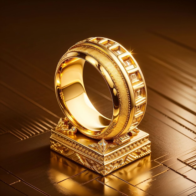 A gold ring on a gold stand with a gold base