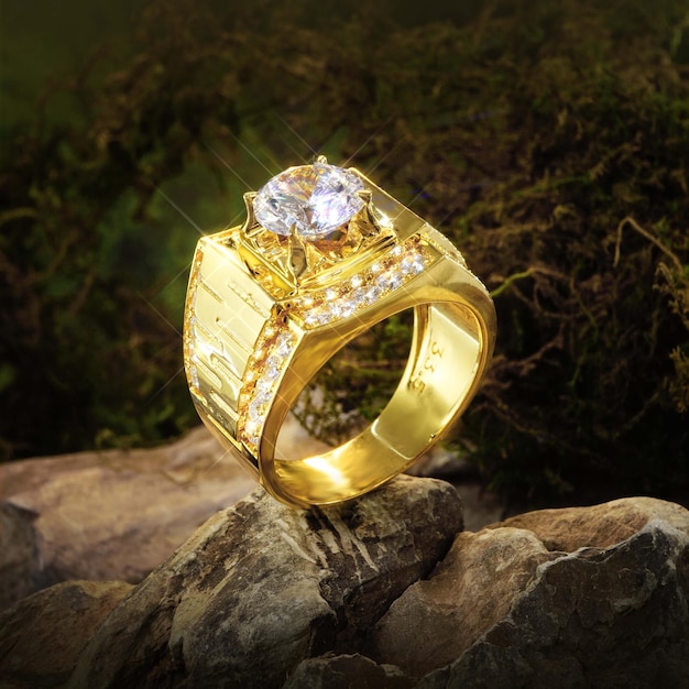 Gold ring men with diamonds, cubic Zirconia, emeralds, and precious stones on background rock moss