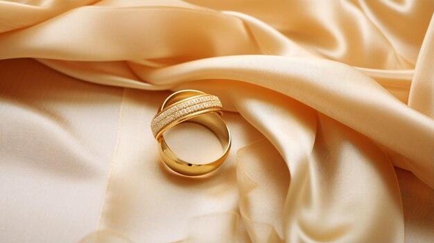 A gold ring on silk background with ribbon