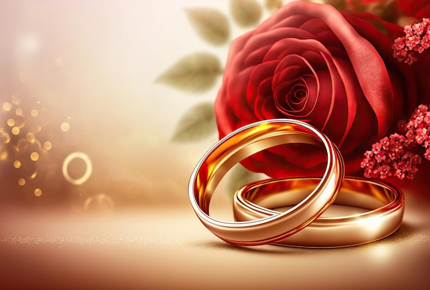 Photo gold ring, wedding ring in a red box and, red rose on white-red background with beautiful bokeh