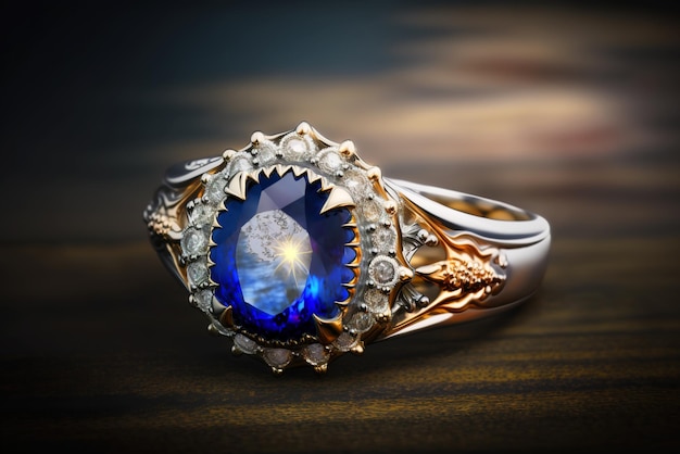 Gold ring with big sapphire and small diamonds on dark background generative AI