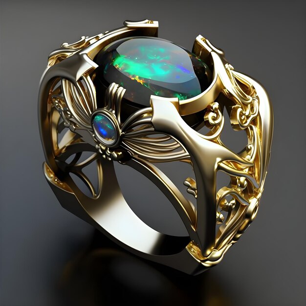 A gold ring with a black opal on it