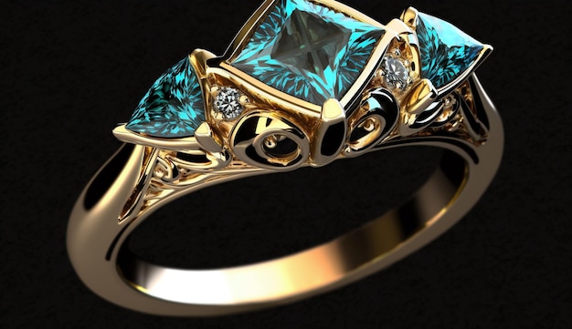 A gold ring with a blue gem on it