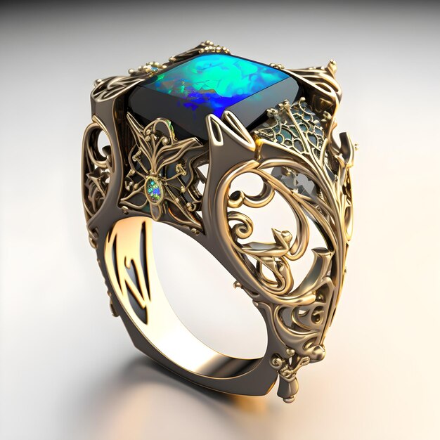 A gold ring with a blue opal on it