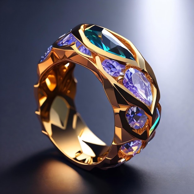 A gold ring with blue and purple diamonds is on a black surface.