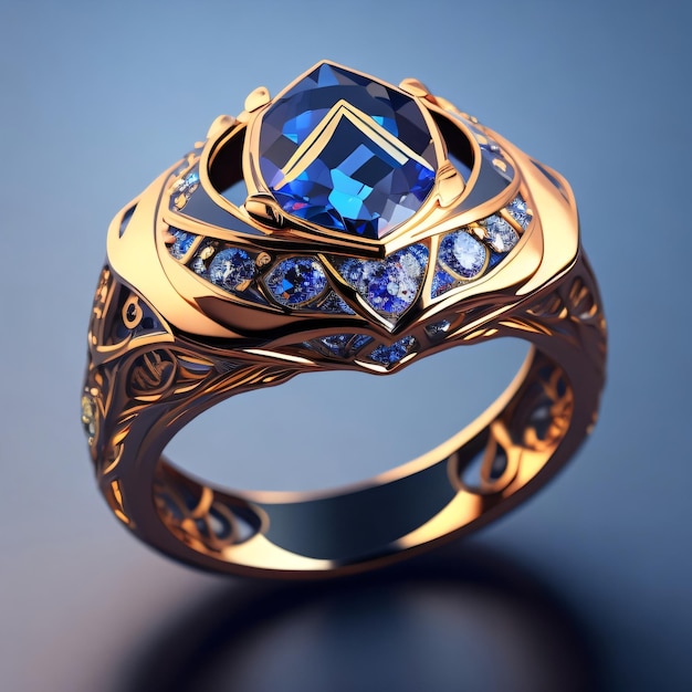 A gold ring with blue stone and diamonds on a blue background.