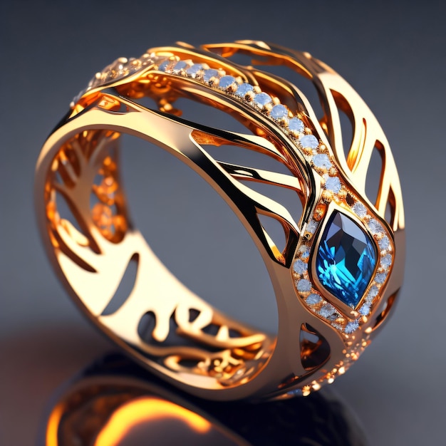 A gold ring with a blue stone and diamonds on it