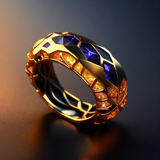 A gold ring with blue stones and a blue stone on the top.