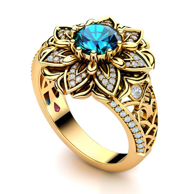 A gold ring with a blue topaz and diamonds