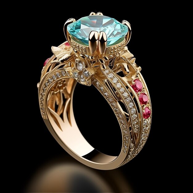 A gold ring with a blue topaz and red stones.