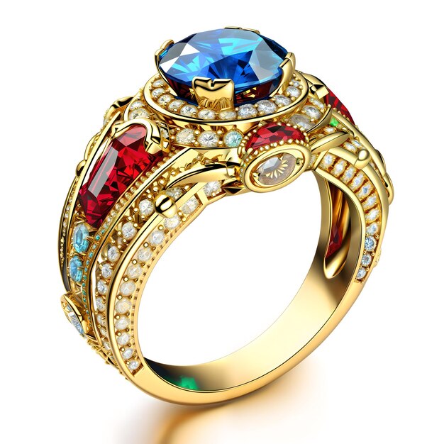 A gold ring with a blue topaz and red stones