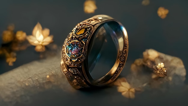 A gold ring with a colorful gemstone on it