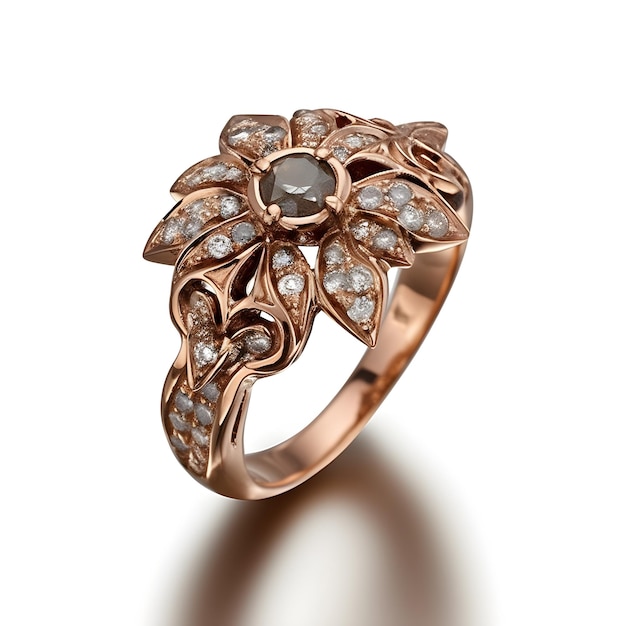 A gold ring with diamonds and a flower with a diamond center.