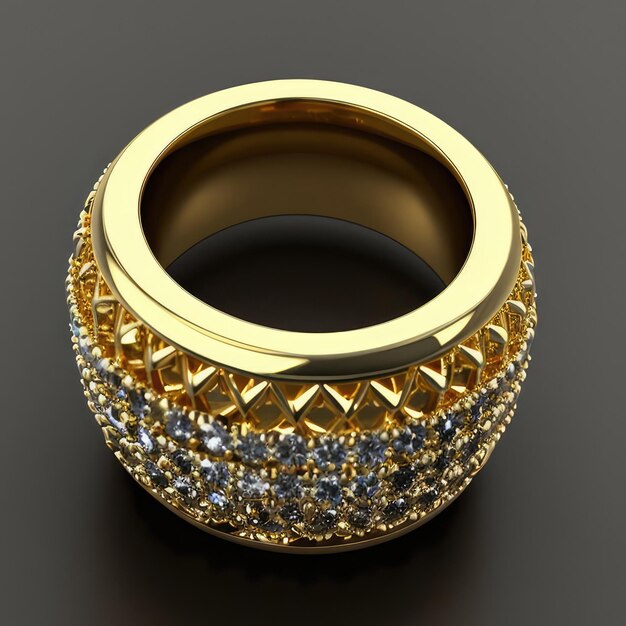 A gold ring with diamonds on it is on a dark surface.