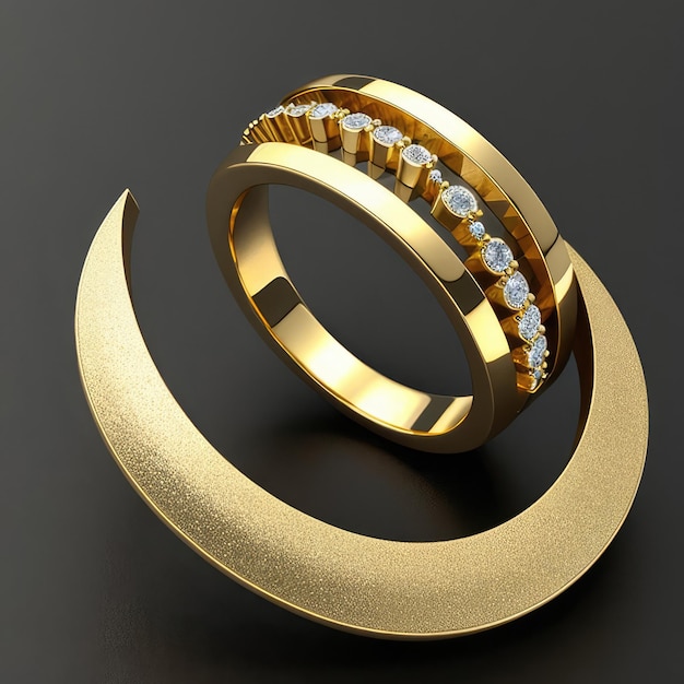 A gold ring with diamonds on it is sitting on a black background.