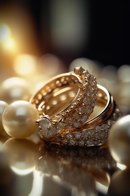 A gold ring with diamonds on it sits on a table with a black background