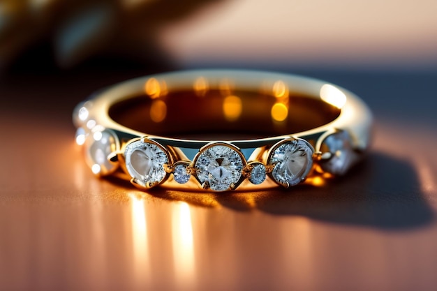 A gold ring with diamonds on it sits on a table.