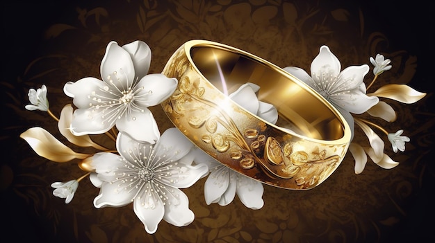 A gold ring with flowers on it